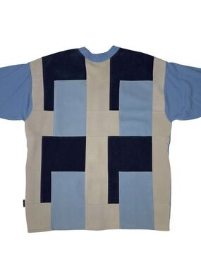 Koman Sport Sweater Mens L Blue Faux Suede Leather Patchwork Short Sleeve Knit